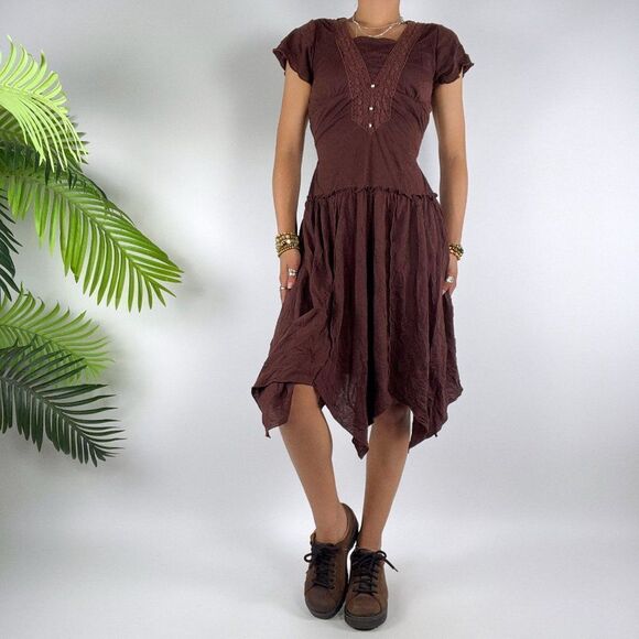 Vintage Y2K Brown Fairy Grunge Bohemian Short Sleeve Hippie Midi Dress / S - Picture 6 of 7